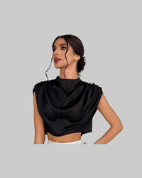 Women Clothing Pleated Batwing Sleeve Satin Shirt Stand Alone Satin Artificial Silk Short Top - Modestly Vogue 