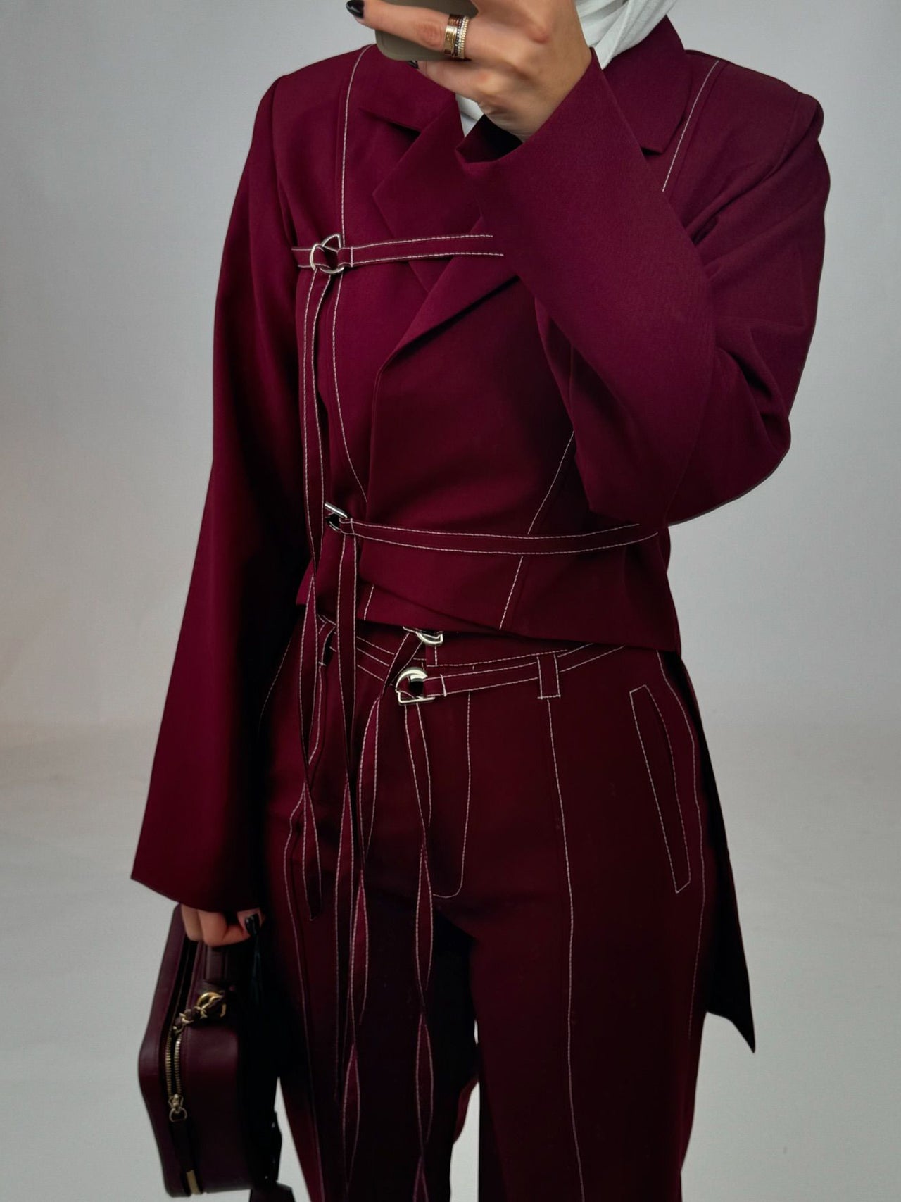 Chic Burgundy Two-Piece Set | Women's Notched Collar Long Style - Modestly Vogue 