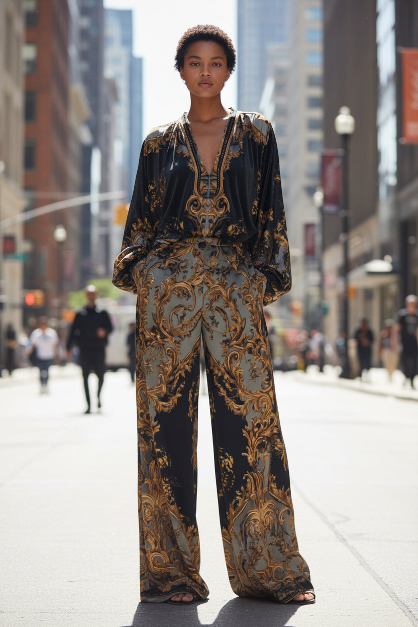 Womens Early Spring Resort-Style V-Neck Korean Fleece Print Set For Women - Modestly Vogue 