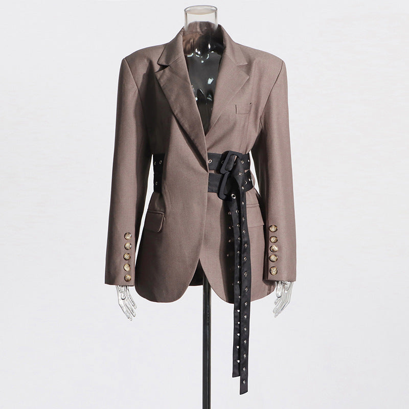 Fashion Lace-up Placket Waist Slimming Color Matching Suit Jacket