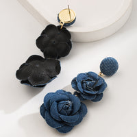 Denim Fabric Flower Earrings | Multi-Layer Long Design - Modestly Vogue 