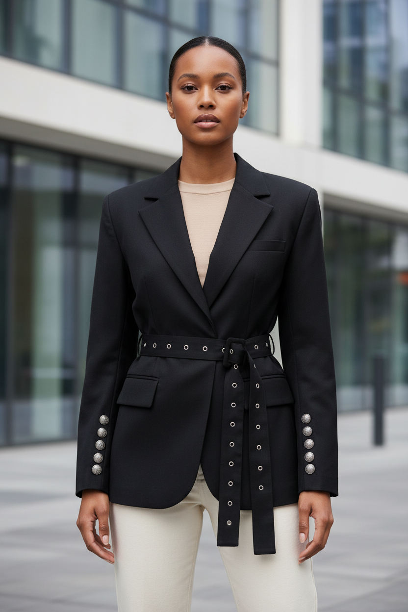 Fashion Lace-up Placket Waist Slimming Color Matching Suit Jacket - Modestly Vogue 