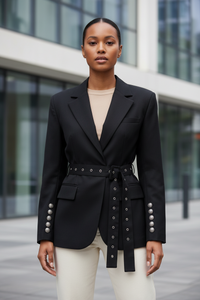 Fashion Lace-up Placket Waist Slimming Color Matching Suit Jacket - Modestly Vogue 