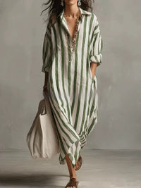 Striped Lapel-collar Dress With Side Slits And Pockets - Modestly Vogue 