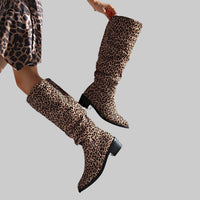 Fashion Square Toe Chunky Heel High Heel Leopard Print Boots - Modestly Vogue 