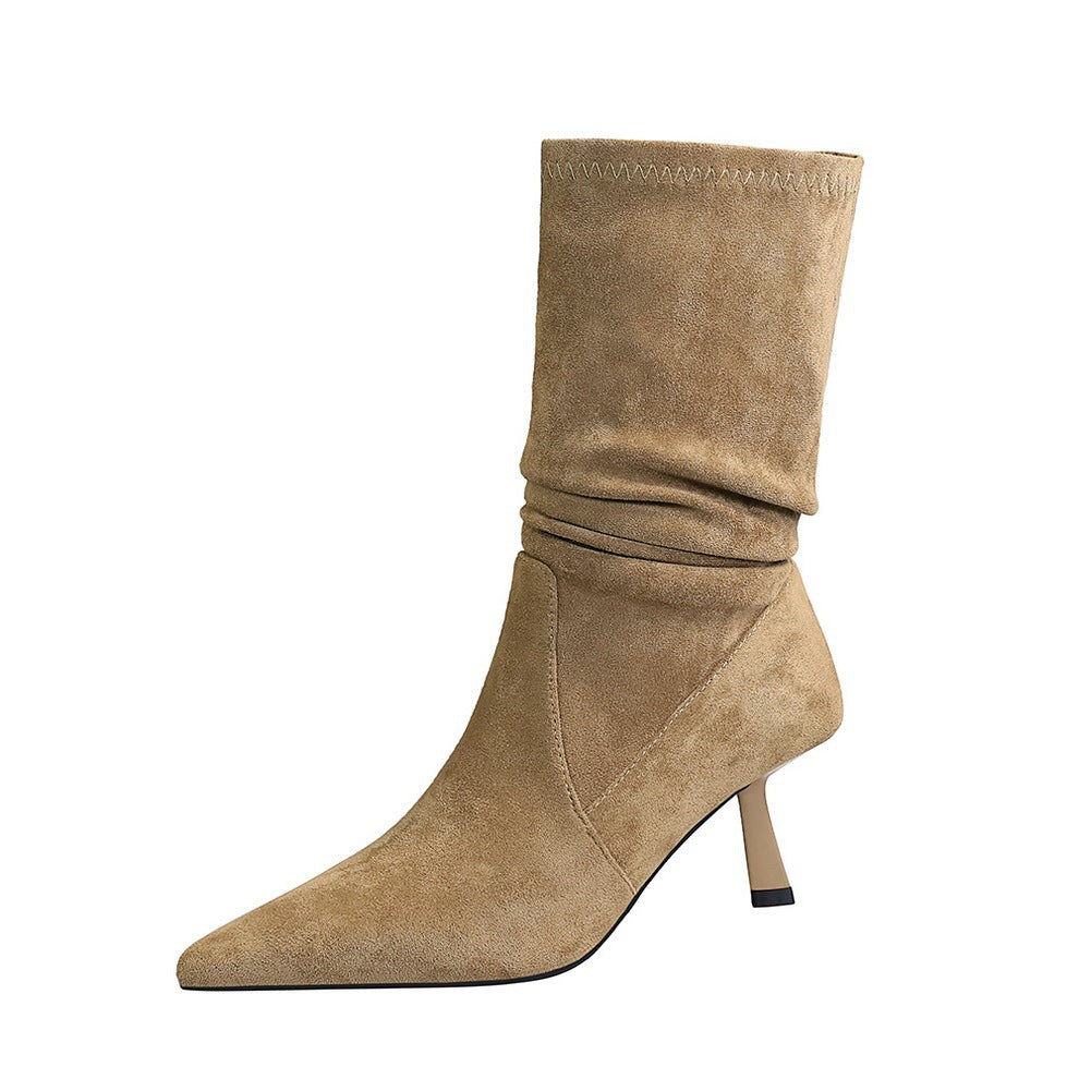 Middle Boots Elastic Pleated Pile Style All-Match Pointed Toe Boot