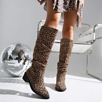 Fashion Square Toe Chunky Heel High Heel Leopard Print Boots - Modestly Vogue 