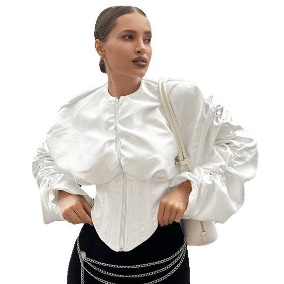 Waist-tucking Pleated Round-neck Long-sleeved Coat