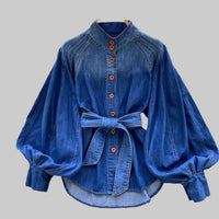 Retro Lace-up Waist-controlled Stand-up Collar Puff Sleeve Denim Top - Modestly Vogue 