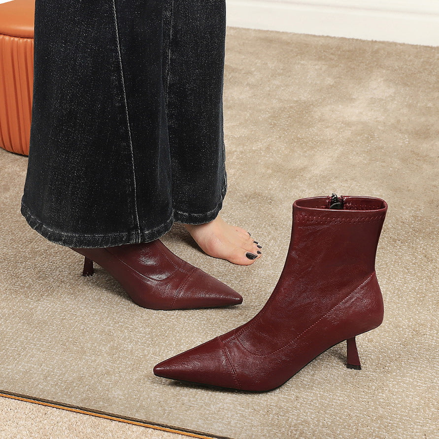 Skinny Boots Women Retro Soft Leather Stiletto Pointed Toe Ankle Boots Booties