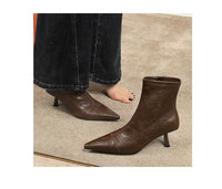 Skinny Boots Women Retro Soft Leather Stiletto Pointed Toe Ankle Boots Booties