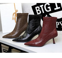 Skinny Boots Women Retro Soft Leather Stiletto Pointed Toe Ankle Boots Booties