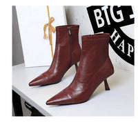 Skinny Boots Women Retro Soft Leather Stiletto Pointed Toe Ankle Boots Booties