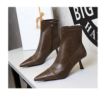 Skinny Boots Women Retro Soft Leather Stiletto Pointed Toe Ankle Boots Booties