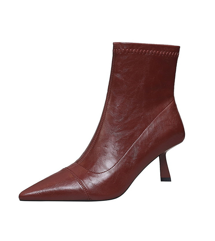 Skinny Boots Women Retro Soft Leather Stiletto Pointed Toe Ankle Boots Booties