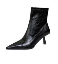 Skinny Boots Women Retro Soft Leather Stiletto Pointed Toe Ankle Boots Booties