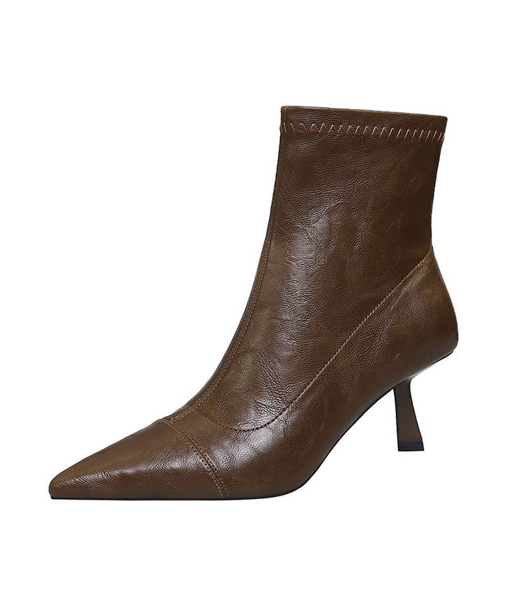 Skinny Boots Women Retro Soft Leather Stiletto Pointed Toe Ankle Boots Booties