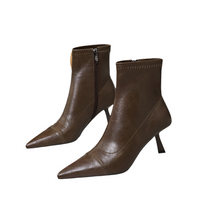 Skinny Boots Women Retro Soft Leather Stiletto Pointed Toe Ankle Boots Booties