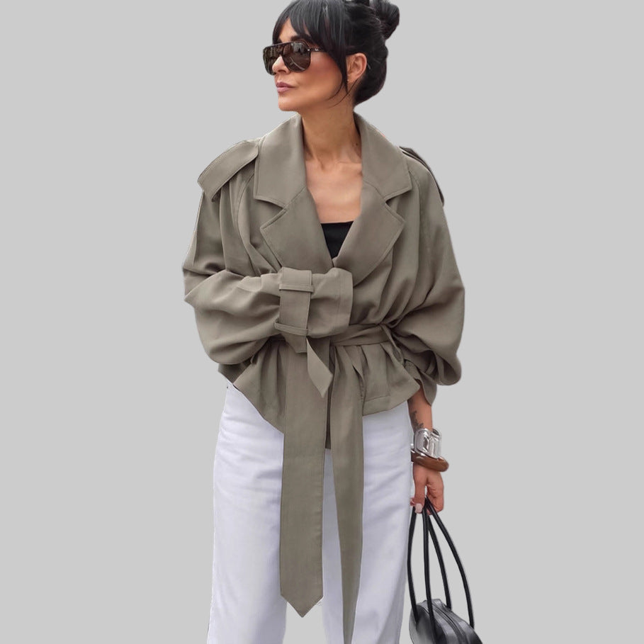 High End French Large Collared Lace up Windbreaker Women Autumn Coat - Modestly Vogue 