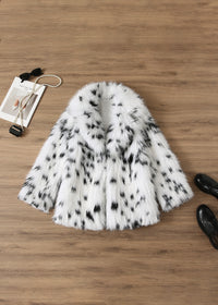 Autumn Faux Fur Fur Coat Black White Spots Leopard Print Collared Furry Coat