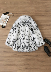 Autumn Faux Fur Fur Coat Black White Spots Leopard Print Collared Furry Coat