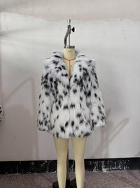 Autumn Faux Fur Fur Coat Black White Spots Leopard Print Collared Furry Coat
