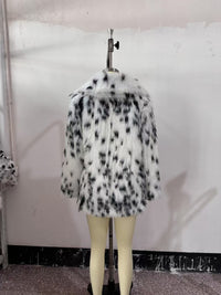 Autumn Faux Fur Fur Coat Black White Spots Leopard Print Collared Furry Coat