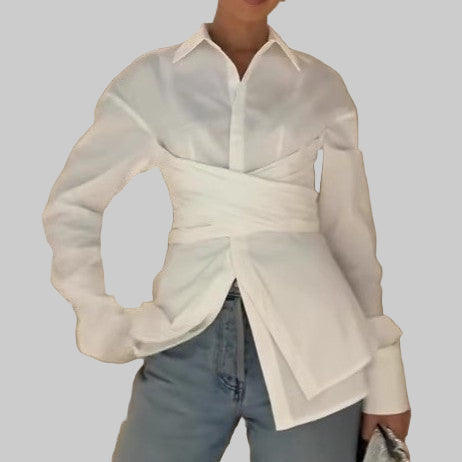 Women Solid Color Tied Pleated Shirt Faux Two Pieces Shirts - Modestly Vogue 