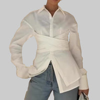Women Solid Color Tied Pleated Shirt Faux Two Pieces Shirts - Modestly Vogue 