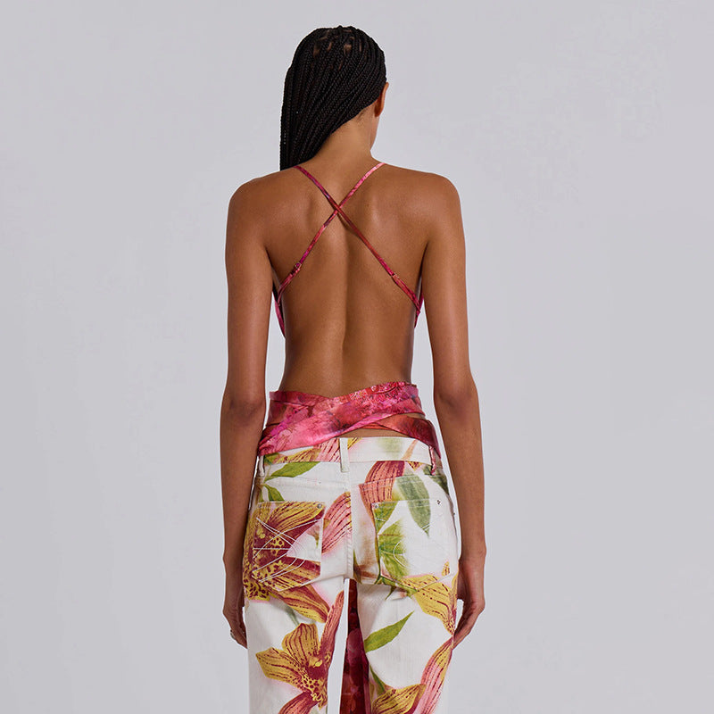 Summer Printed Lace-Up Slim Fit Backless Vest for Women - Modestly Vogue 