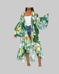 Printed Shawl Cardigan with Lantern Sleeves & Asymmetric Hem - Modestly Vogue 