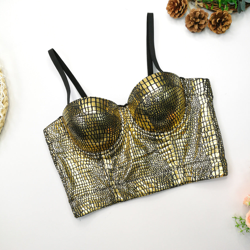 Flash Snake Pattern Bronzing Tube Top Female Wild Fashion Slim Fit Small Sling Nightclub Disco sexy Top Boning Corset Boning Corset Corset - Modestly Vogue 