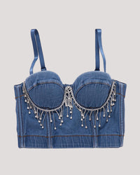 Denim Beaded Tassel Corset Tube Top – Padded & Fitted - Modestly Vogue 