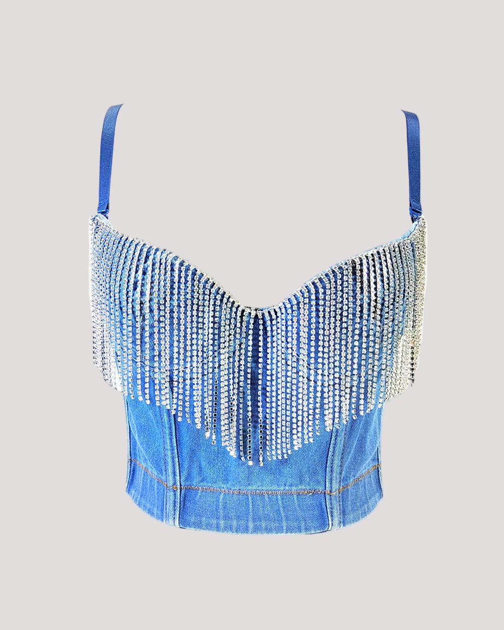 Denim Rhinestone Tassel Corset Tube Top – Sculpted & Sparkly - Modestly Vogue 