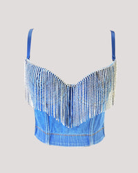 Denim Rhinestone Tassel Corset Tube Top – Sculpted & Sparkly - Modestly Vogue 