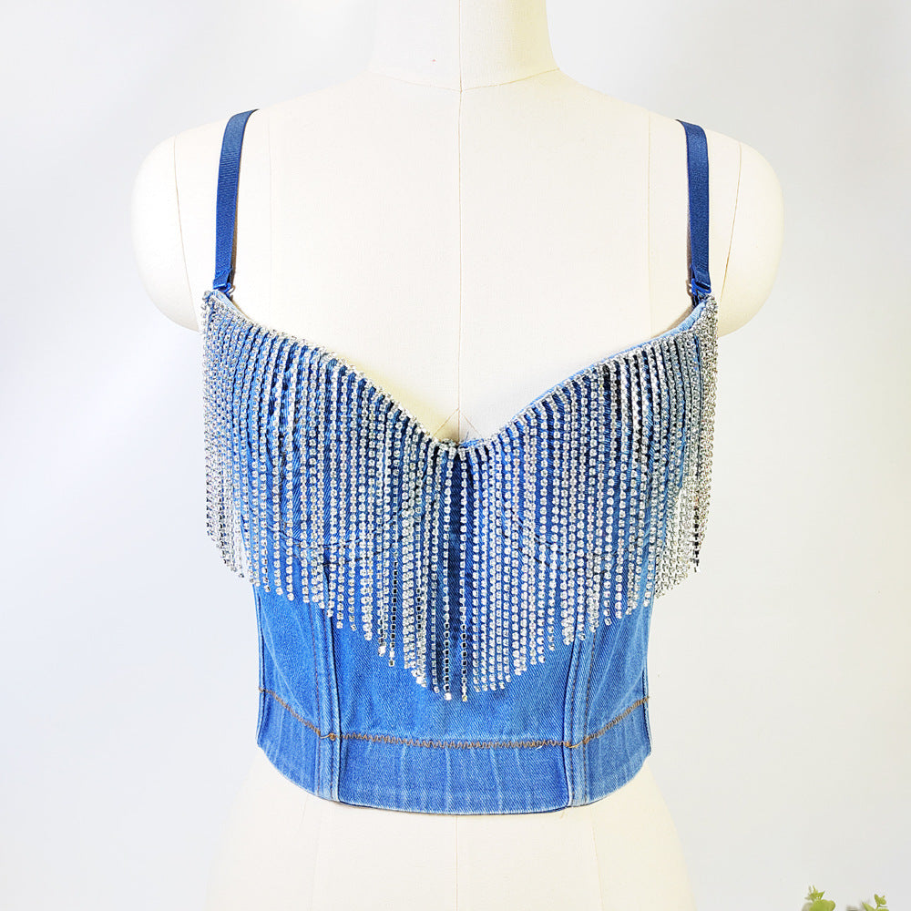Denim Rhinestone Tassel Corset Tube Top – Sculpted & Sparkly - Modestly Vogue 