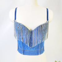 Denim Rhinestone Tassel Corset Tube Top – Sculpted & Sparkly - Modestly Vogue 