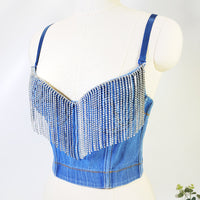 Denim Rhinestone Tassel Corset Tube Top – Sculpted & Sparkly - Modestly Vogue 