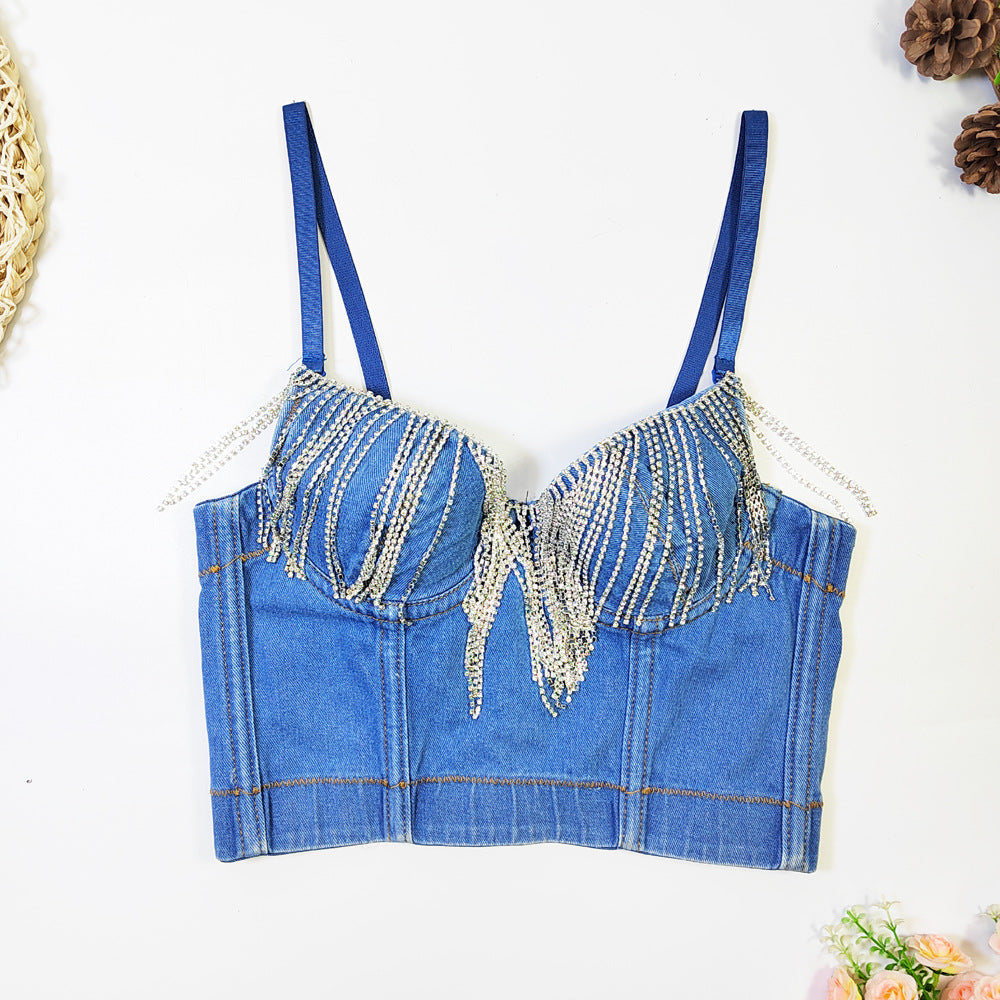 Denim Rhinestone Tassel Corset Tube Top – Sculpted & Sparkly - Modestly Vogue 