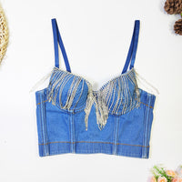 Denim Rhinestone Tassel Corset Tube Top – Sculpted & Sparkly - Modestly Vogue 