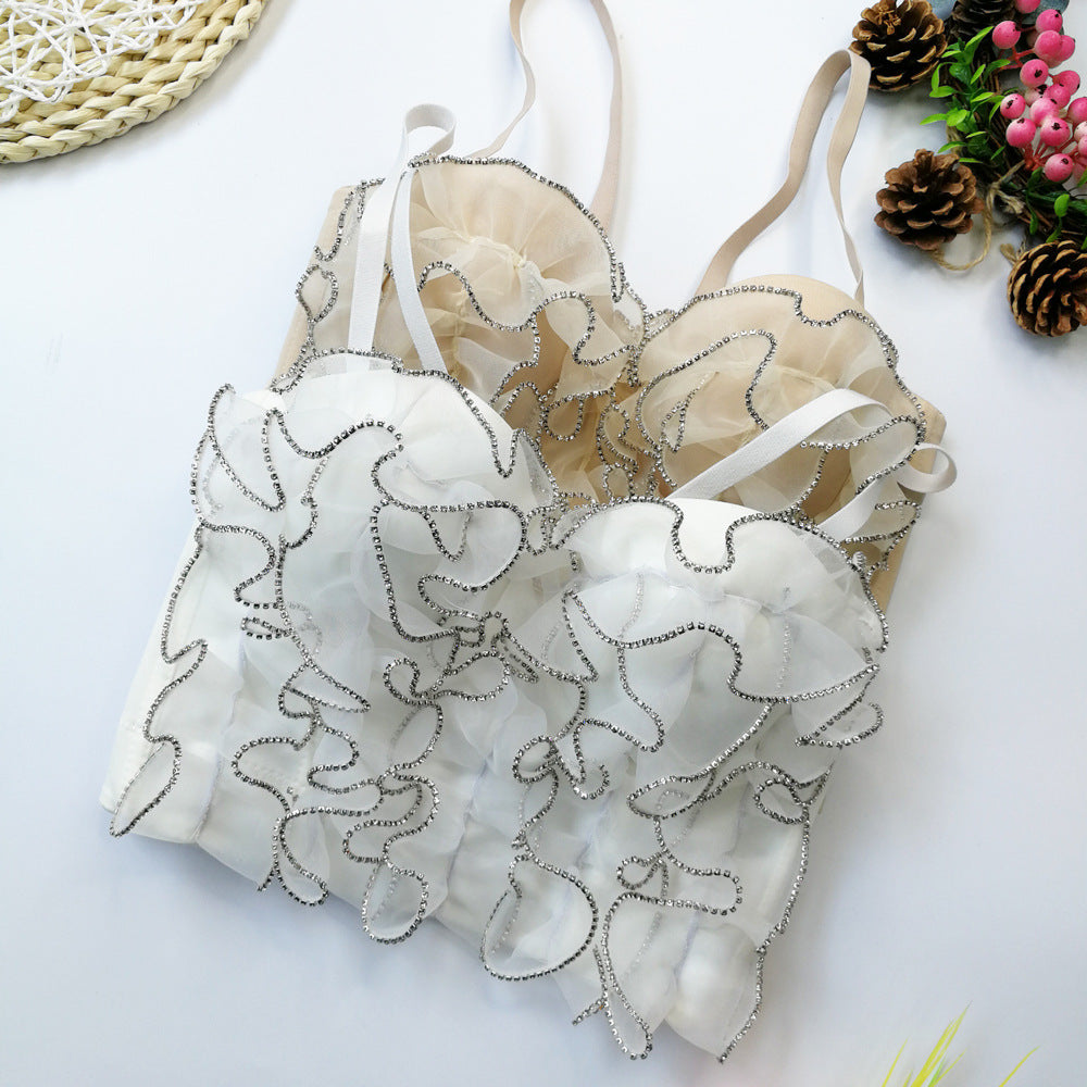 Diamond Embedded Wave Lace Sling with Steel Ring Boning Corset Waist Top Western Ruffle Ruffle Backless Tube Top Organza - Modestly Vogue 