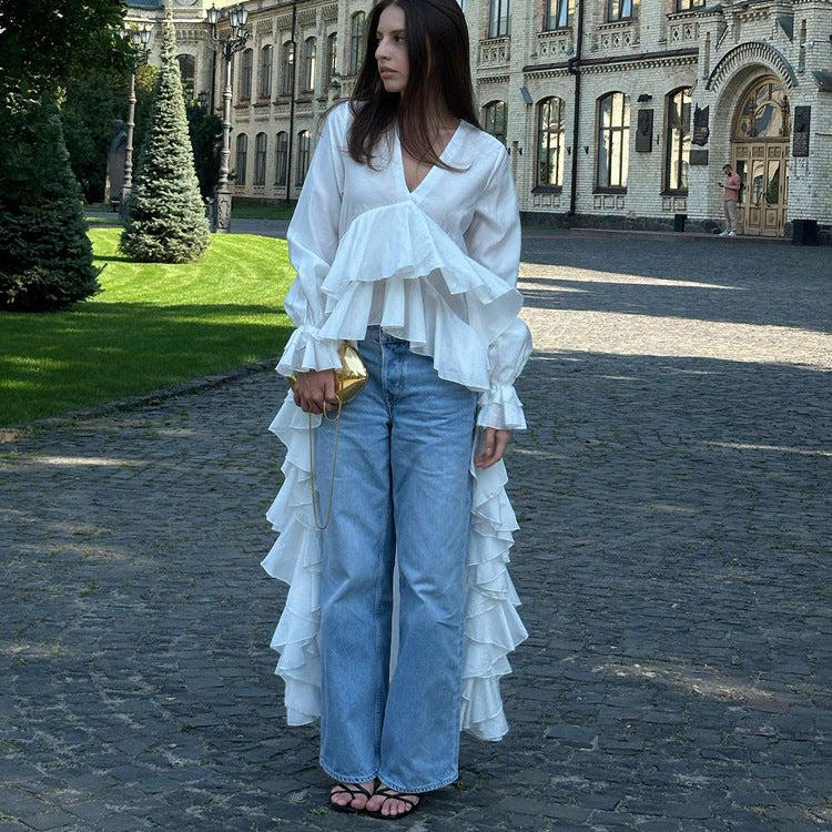 White Ruffled V-Neck Shirt with Flared Sleeves & Mopping Hem - Modestly Vogue 