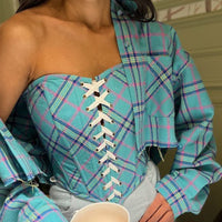 Street Retro Plaid Two-Piece Set | Tube Top & Cropped Shacket - Modestly Vogue 