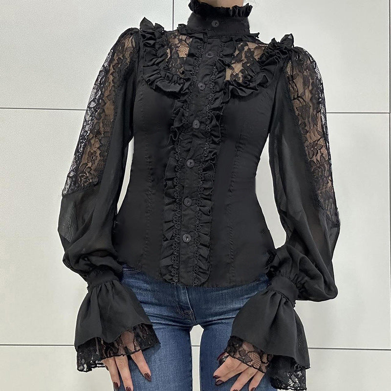 Women Clothing Street Dark Palace Lace Stitching Lace Small Turtleneck Waist Controlled Slimming Long Sleeve Shirt - Modestly Vogue 