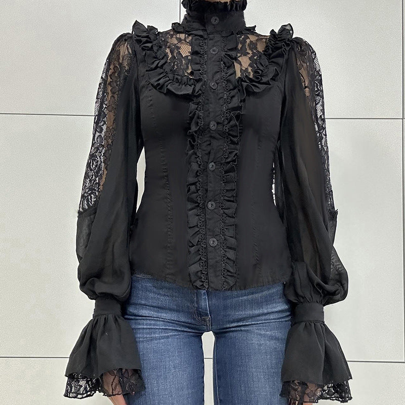 Women Clothing Street Dark Palace Lace Stitching Lace Small Turtleneck Waist Controlled Slimming Long Sleeve Shirt - Modestly Vogue 