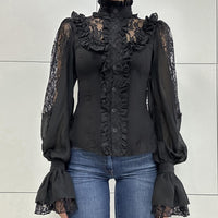 Women Clothing Street Dark Palace Lace Stitching Lace Small Turtleneck Waist Controlled Slimming Long Sleeve Shirt - Modestly Vogue 
