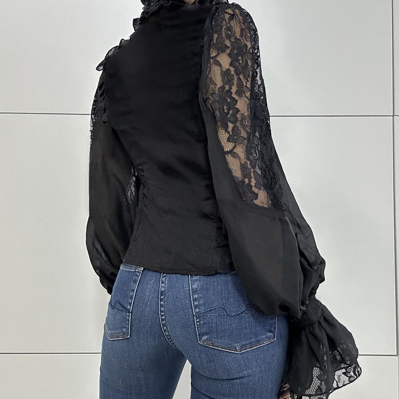 Women Clothing Street Dark Palace Lace Stitching Lace Small Turtleneck Waist Controlled Slimming Long Sleeve Shirt - Modestly Vogue 