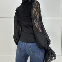 Women Clothing Street Dark Palace Lace Stitching Lace Small Turtleneck Waist Controlled Slimming Long Sleeve Shirt - Modestly Vogue 