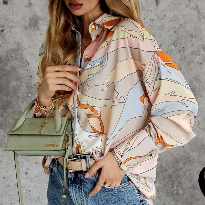 Shirt Loose Spring Autumn Print Single Breasted Cardigan Lantern Long Sleeve Shirt for Women - Modestly Vogue 