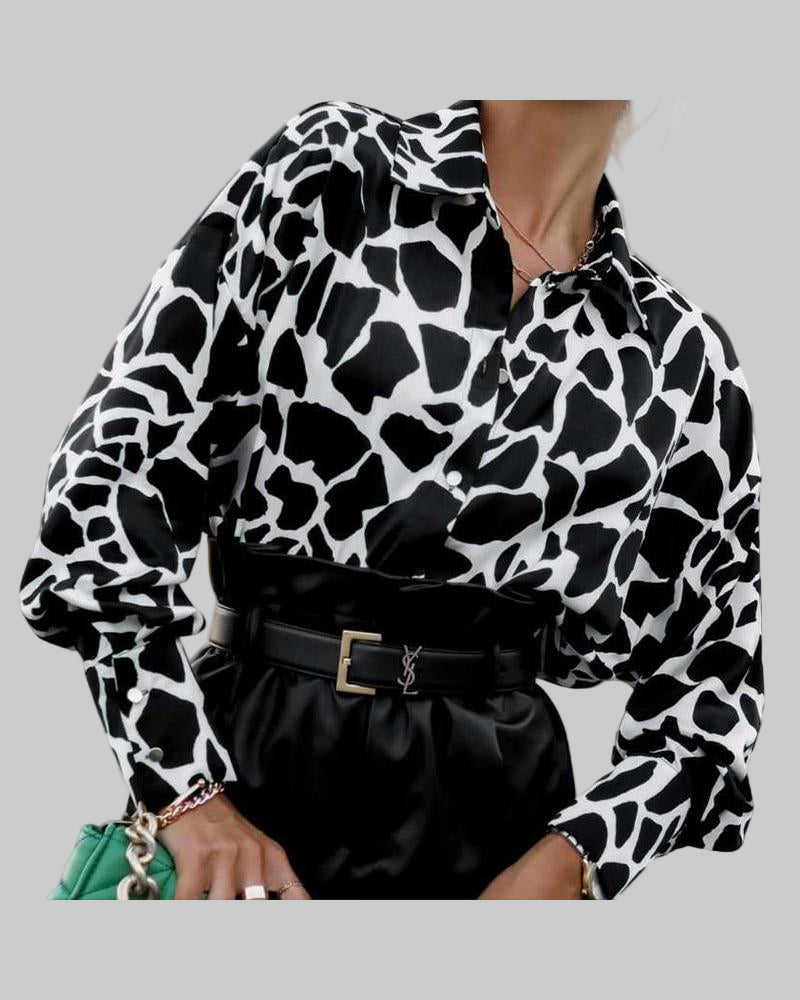 Shirt Loose Spring Autumn Print Single Breasted Cardigan Lantern Long Sleeve Shirt for Women - Modestly Vogue 